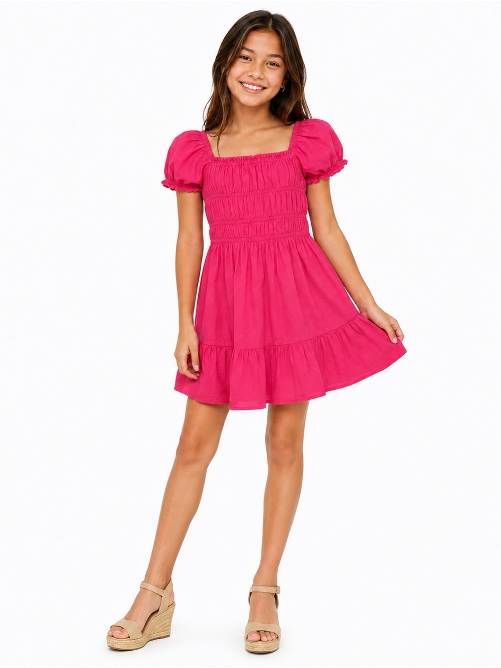 AQUA Girls Pink Smocked Puff Sleeve Dress Size Large Party 10/12 NWT